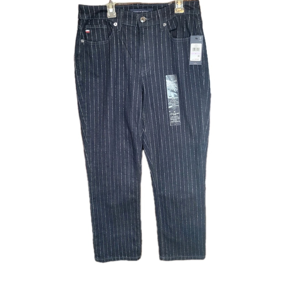 Tommy Hilfiger Women's Tribeca Jeans Shine Straight Ankle Size 6 Pinstripe New